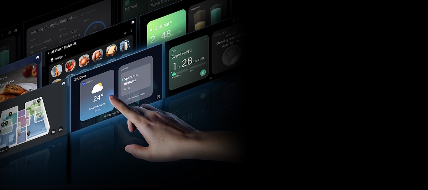 Several Bespoke control panels slide left on a dark backdrop. A hand taps the panels and their outlines light up.