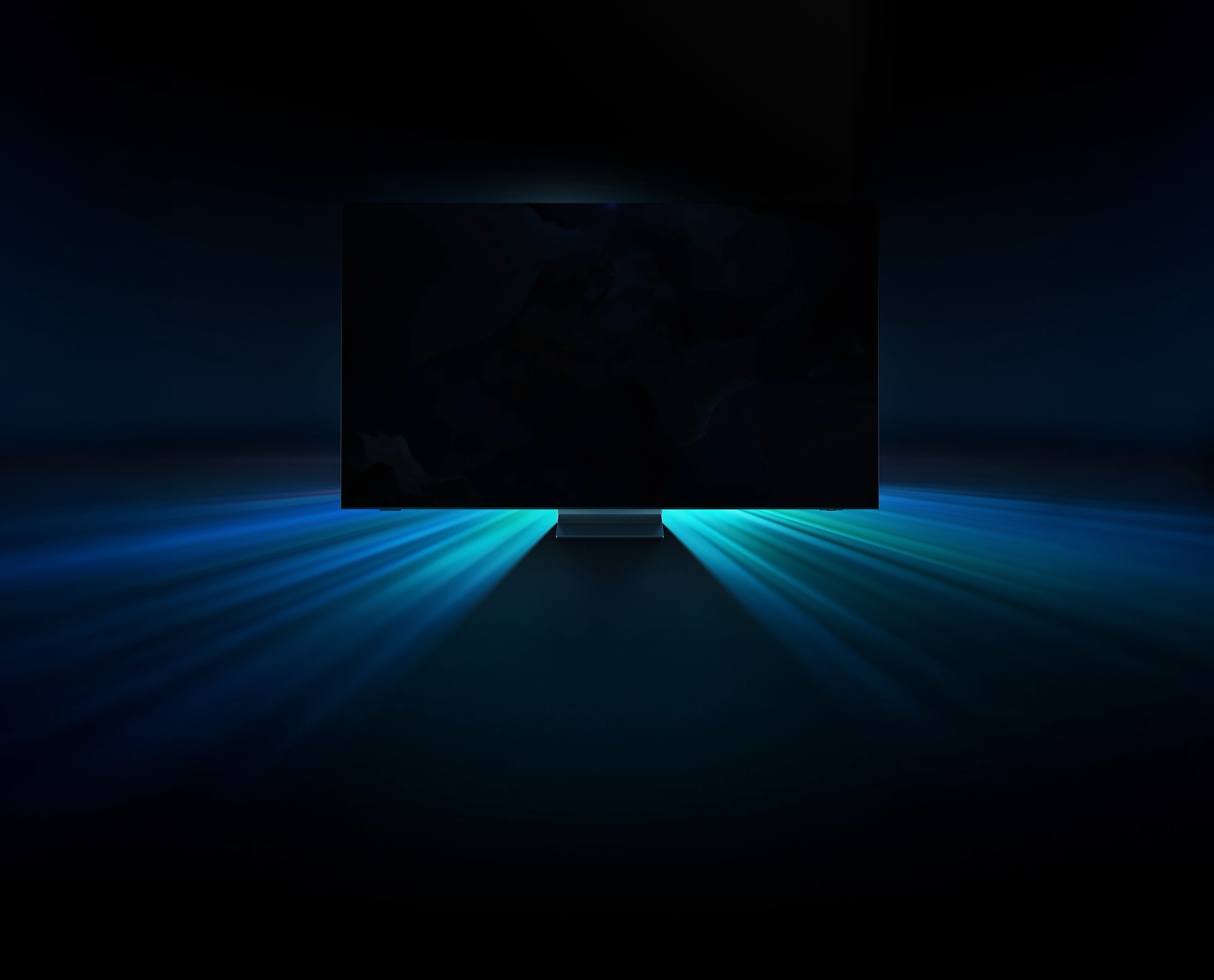 A Samsung Neo QLED TV displays a vivid blue otherworldly landscape on screen. Vivid blue light rays come out from the TV.