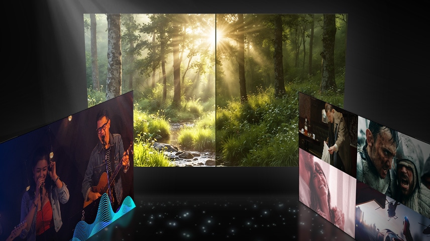 Three TV screens showing how AI Mode customizes the picture and audio settings for different types of content.