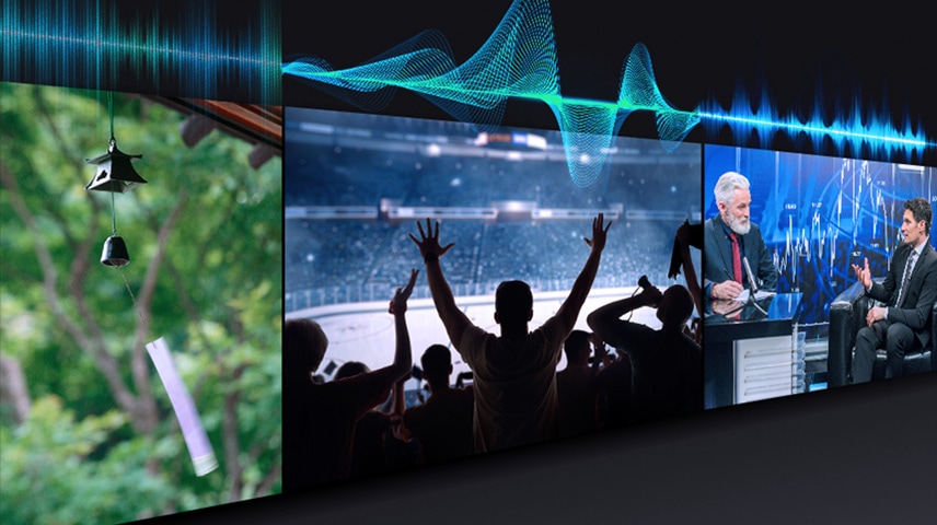 Three TVs play audio differently, indicated by audio bars above the TVs, optimized for the type of content being played.