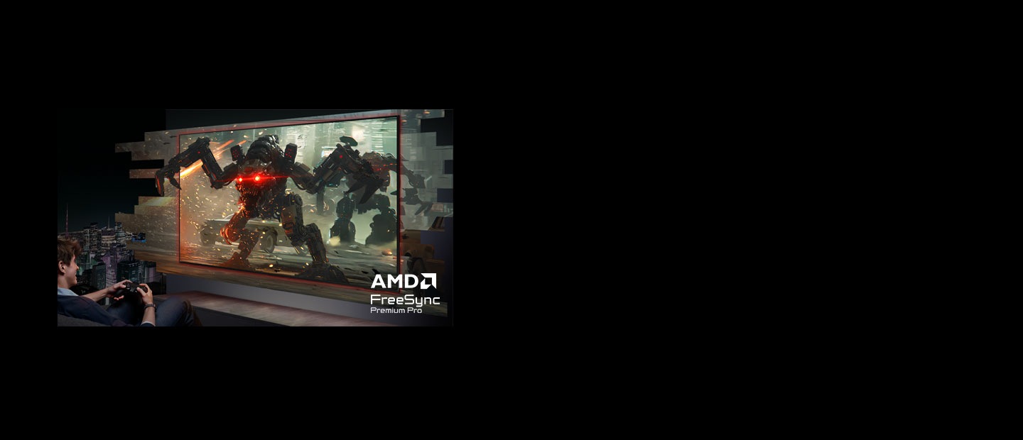 A TV with AMD FreeSync Premium Pro shows a smooth scene of a racecar. Without FreeSync, the same scene has image tearing.
						
