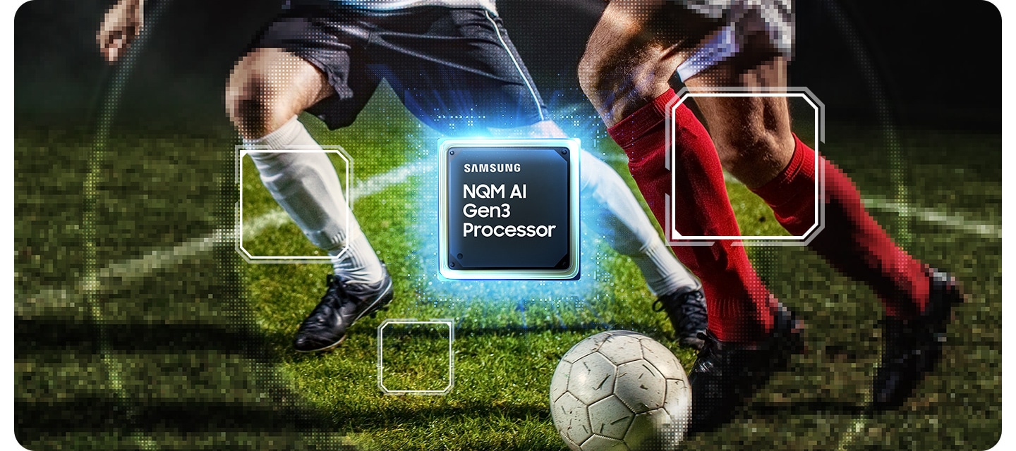 A blurry scene of a soccer match. Samsung NQM AI Gen3 Processor in the middle. Three small squares show a clearer view of the scene. The entire scene becomes clear. 