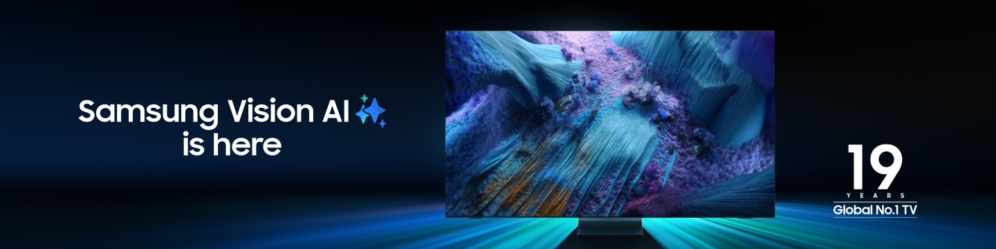Samsung TV with a brilliant metallic design displayed. Logo indicating Samsung is ranked Global No.1 TV brand for 19 years. Samsung Vision AI is here with shining ai visual cue.