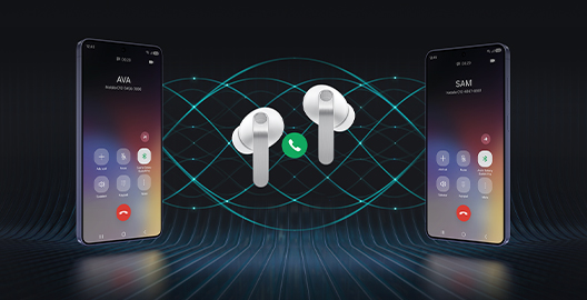 Two Galaxy smartphones are on each side with a pair of white, Galaxy Buds4 Pro in the middle. Between the earbuds is a phone call icon. The smartphone on the left shows the call screen with the name 'Ava.' and the smartphone on the right shows the call screen with the name 'Sam'. In the background are multiple waves showcasing the Super Clear Call feature available on Galaxy Buds4 Pro.