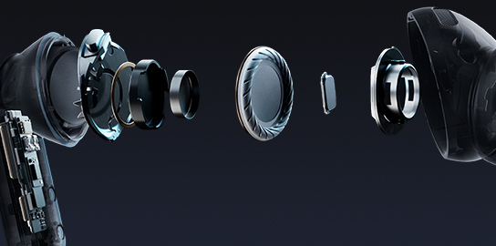 A single Galaxy Buds4 Pro earbud in an exploded view, showing the audio system within, including the wider woofer and the tweeter of the 2-way Speaker.