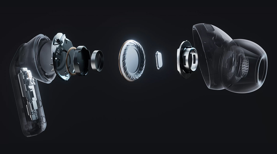 A single Galaxy Buds4 Pro earbud in an exploded view, showing the audio system within, including the wider woofer and the tweeter of the 2-way Speaker.