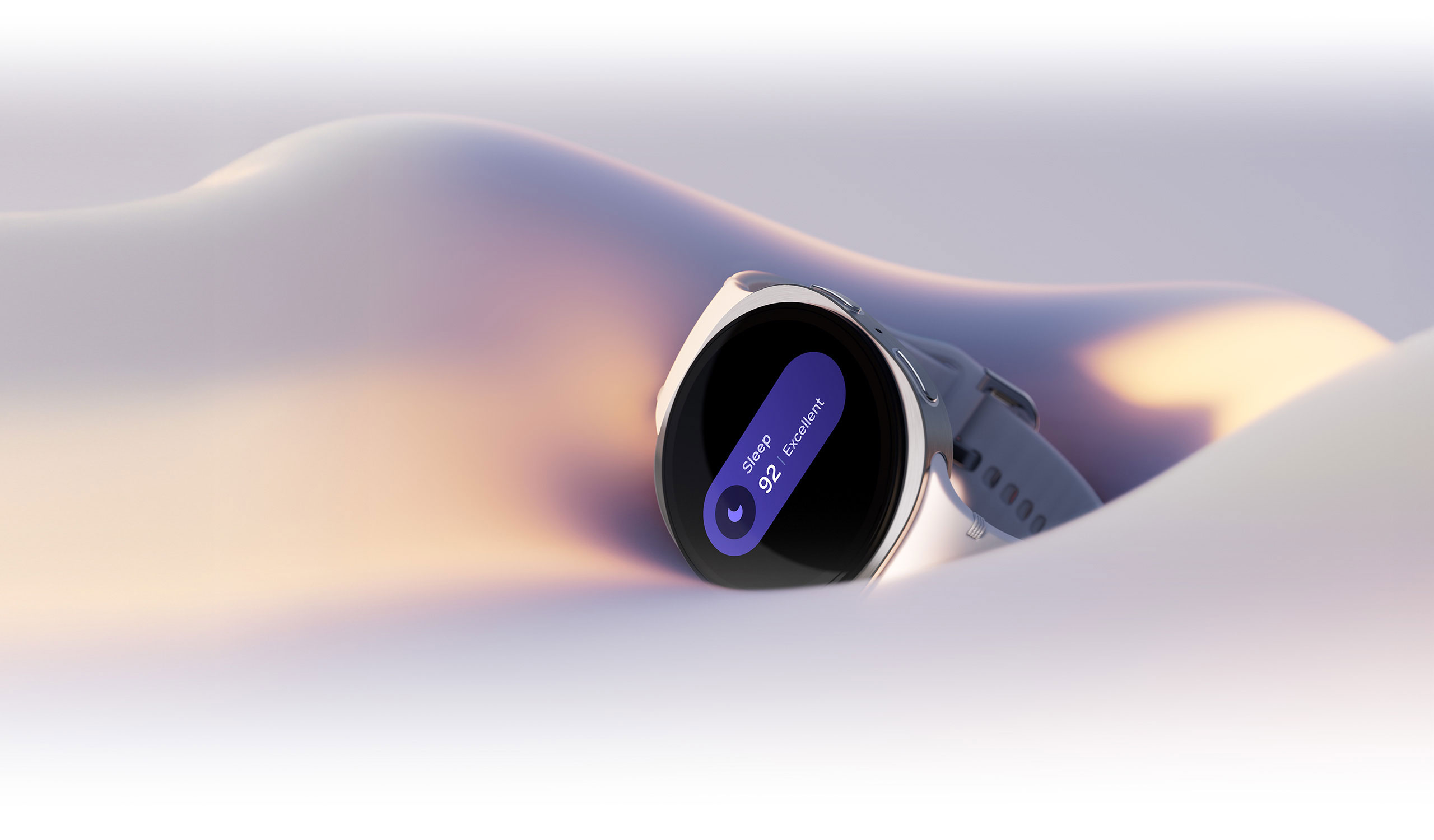 The text Galaxy AI and its icon. Galaxy Watch8 is resting on soft fabric, with its screen showing a sleep icon, Sleep score of 92 and the word Excellent.