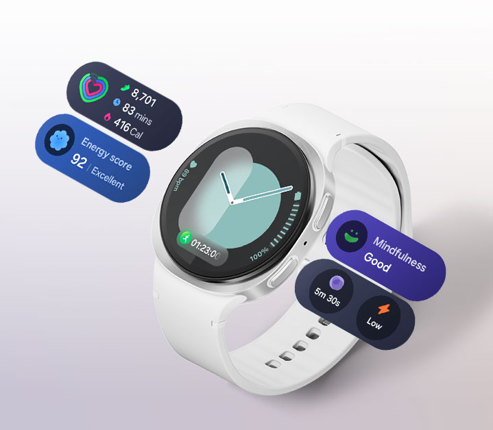 Galaxy Watch8 displaying One UI 8 screen. Close by are four Now bars, one each for Daily Activity, Energy Score, Mindfulness and Breathing Exercises.